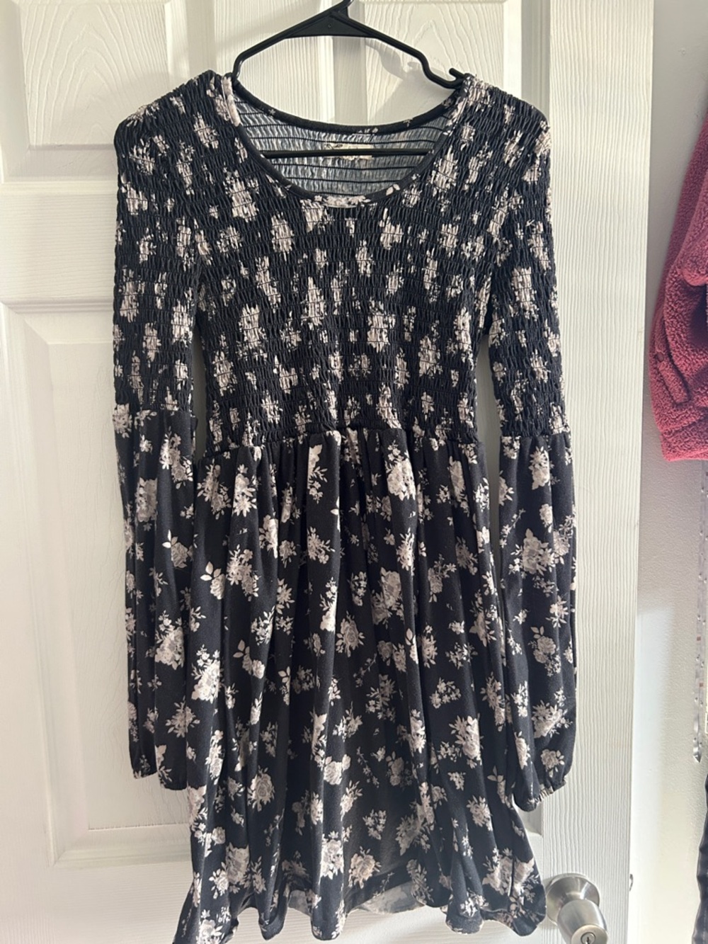 About A Girl Black Floral Long-Sleeve Smocked Dress